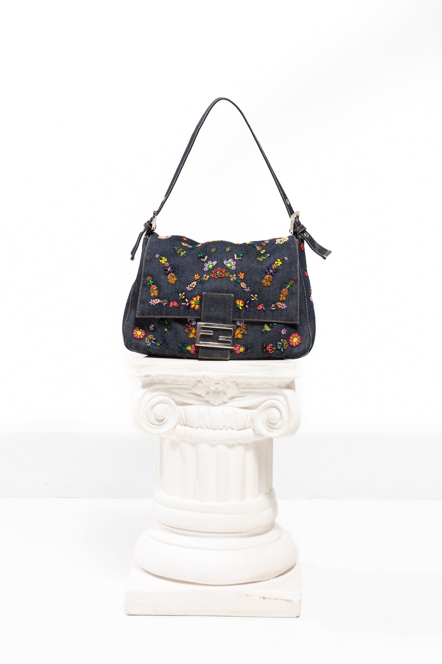Fendi Floral Beaded Denim Shoulder Bag