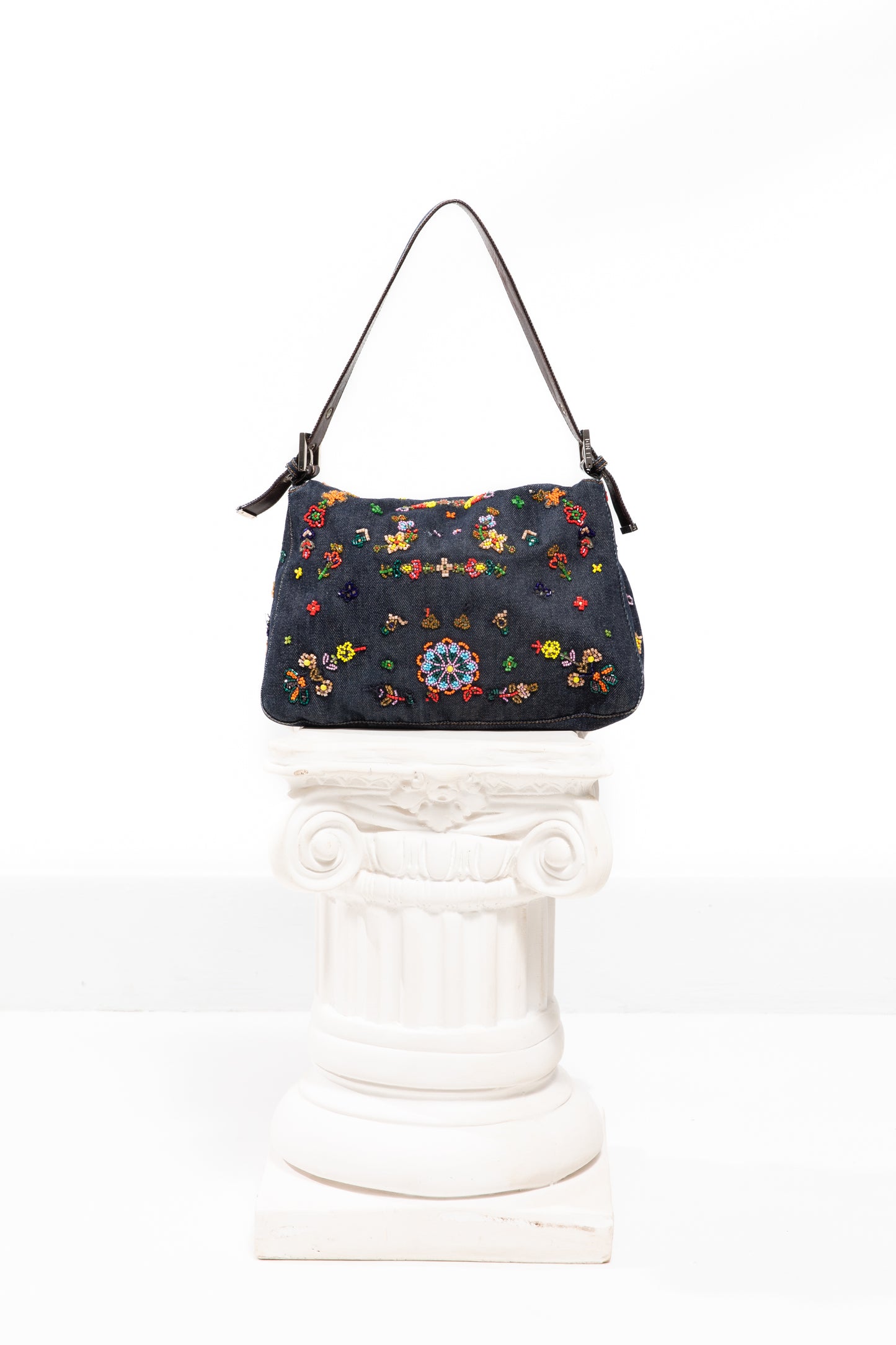 Fendi Floral Beaded Denim Shoulder Bag